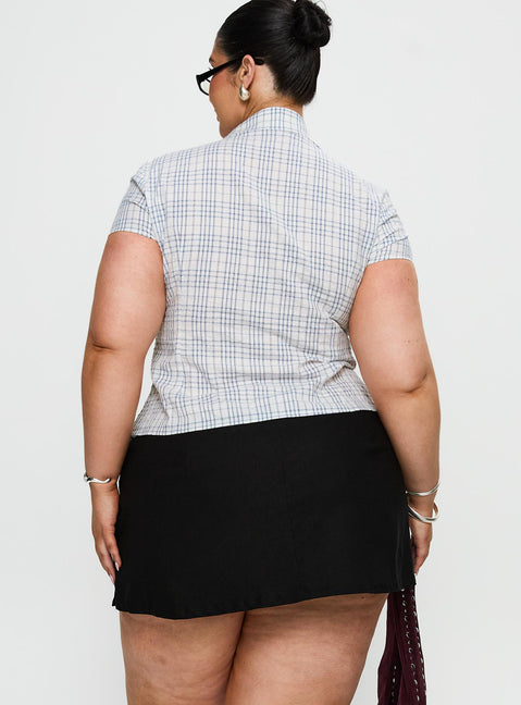 back view of model wearing Princess Polly Cottesloe Blouse Top Blue Check Curve Short Sleeves V-Neck 