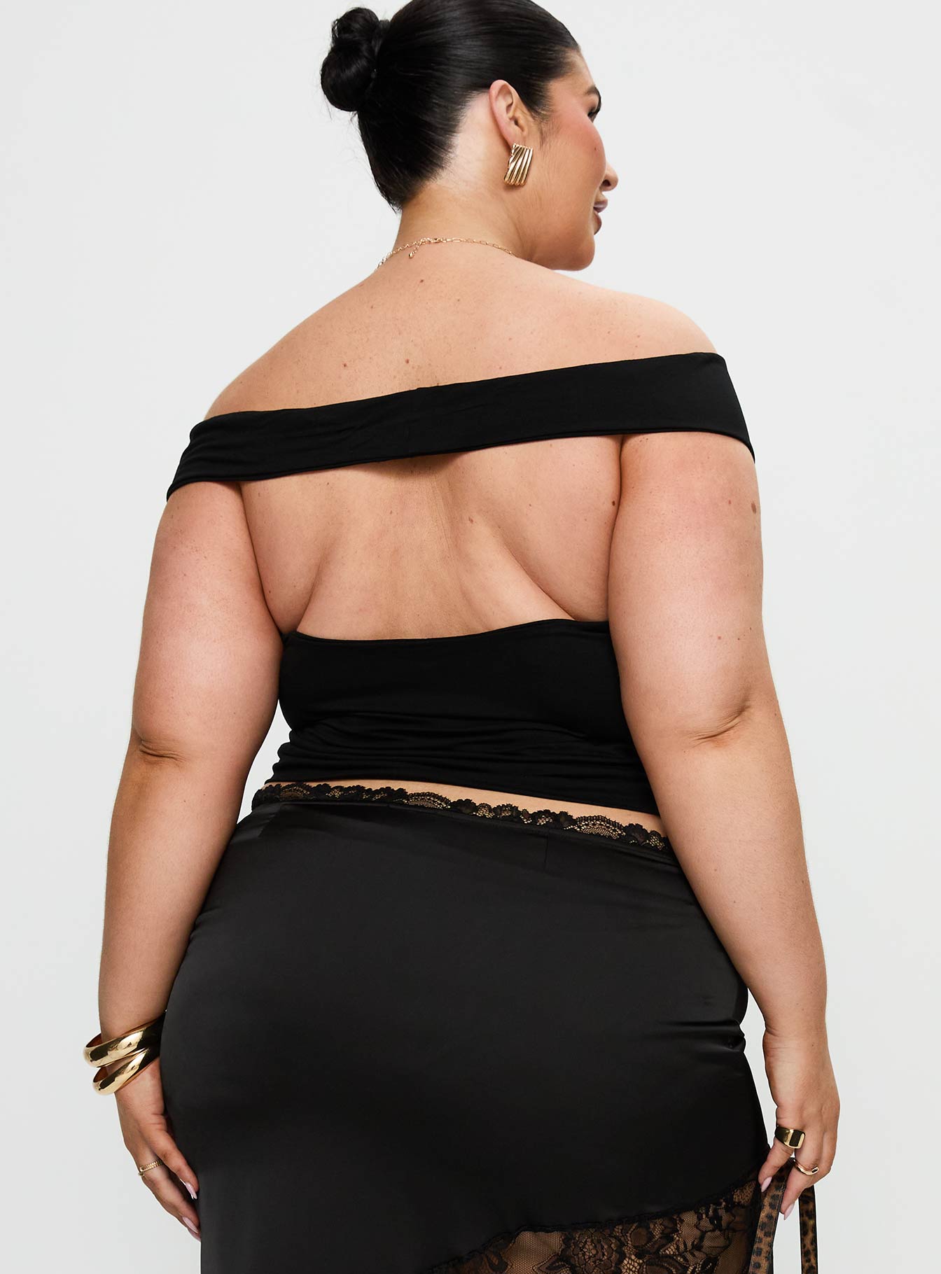 back view of model wearing Princess Polly Irina Multi-wear Top Black Curve Short Sleeves straight 