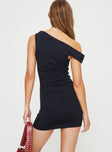 back view of model wearing Princess Polly Marcou Mini Dress Black Petite Asymmetric Neckline 