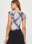 Mesh crop top, plaid print V-neckline, tie detail at bust, cap sleeve Good stretch, partially lined