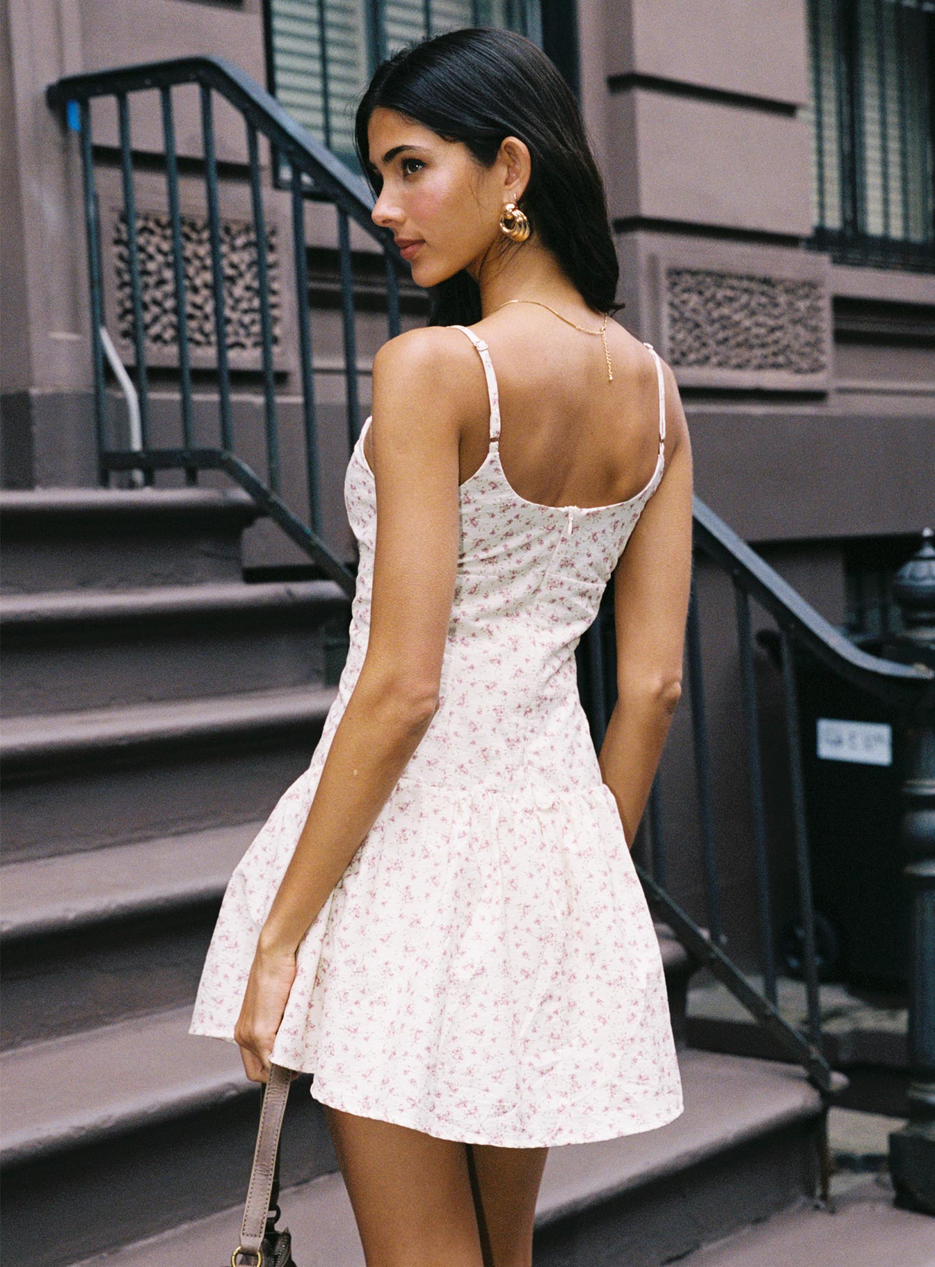 back view of model wearing Princess Polly Joanie Drop Waist Mini Dress Floral Multi Square Neck 