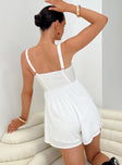 Romper Fixed shoulder straps, square neckline, shirred at band at back, invisible zip fastening