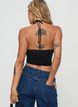 back view of model wearing Princess Polly Burnout Velour Top Black Sleeveless Square Neck 