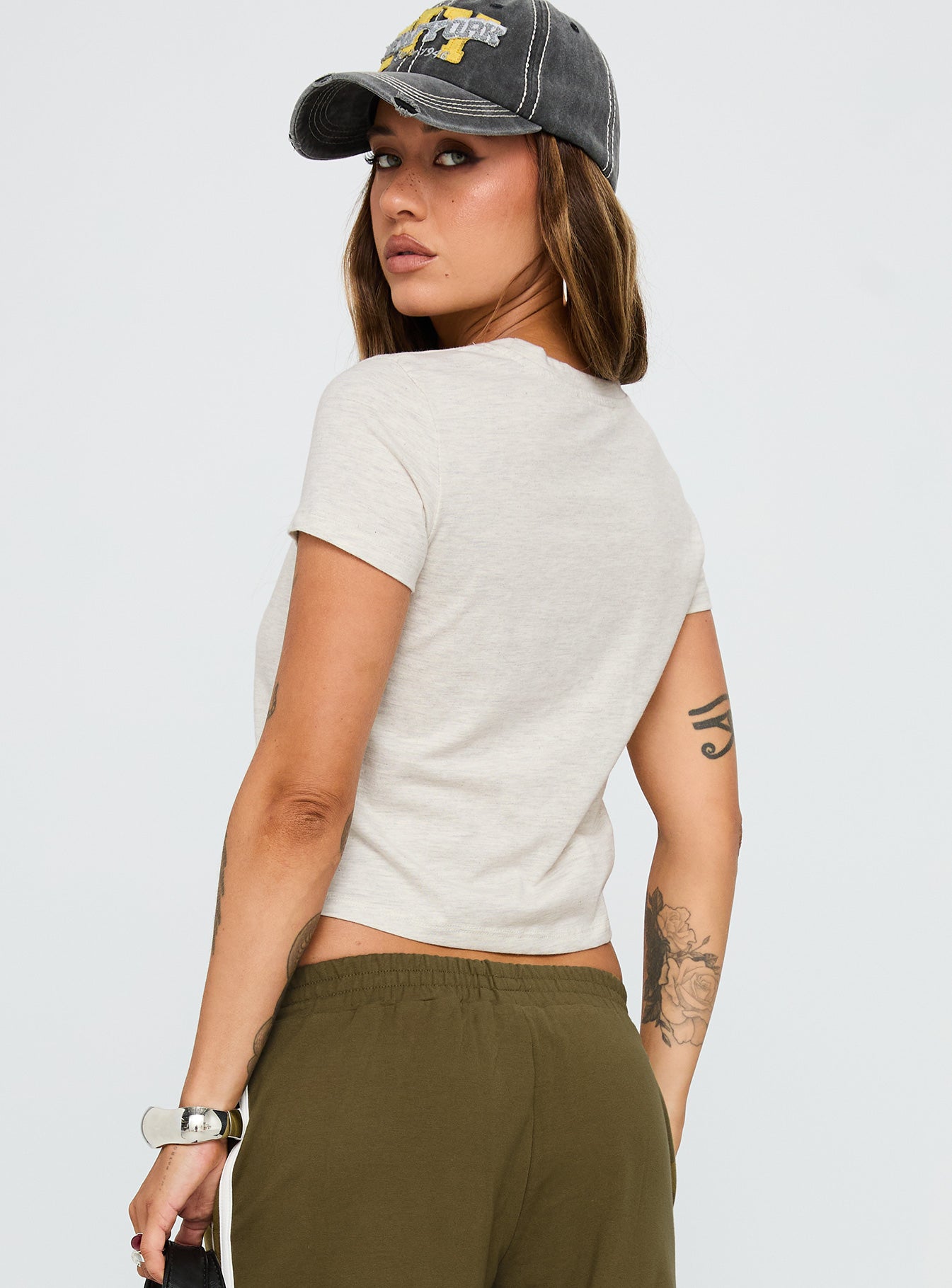 back view of model wearing Princess Polly Micah Tee Grey Marle Short Sleeves Crew Neck 