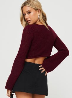 back view of model wearing Princess Polly Rosey Tie Up Long Sleeve Top Burgundy Full Sleeves V-Neck 