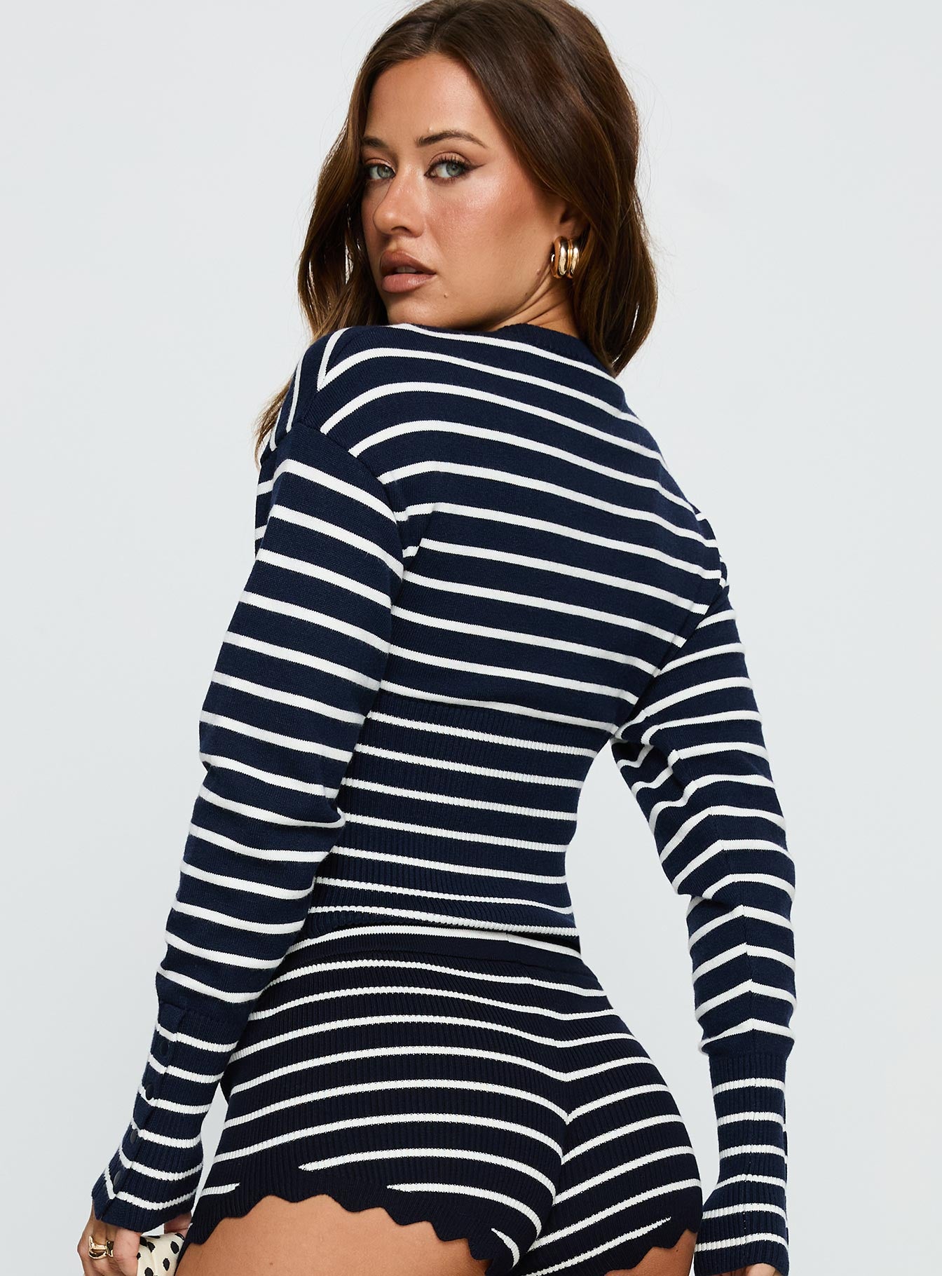 back view of model wearing Princess Polly Head In The Clouds Cardigan Navy Stripe Cropped 