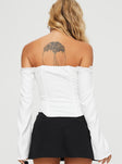 back view of model wearing Princess Polly Avaah Off The Shoulder Top White Full Sleeves straight 