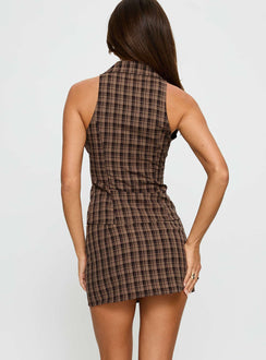 back view of model wearing Princess Polly Meggan Mini Skirt Chocolate Check Mini Skirts 