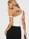 back view of model wearing Princess Polly Messenger One Shoulder Top White Sleeveless Asymmetric Neckline 