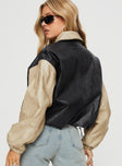 Faux leather bomber jacket Classic collar, drop shoulder, twin hip pockets, elasticated cuffs, drawstring toggle waist, zip fastening down front