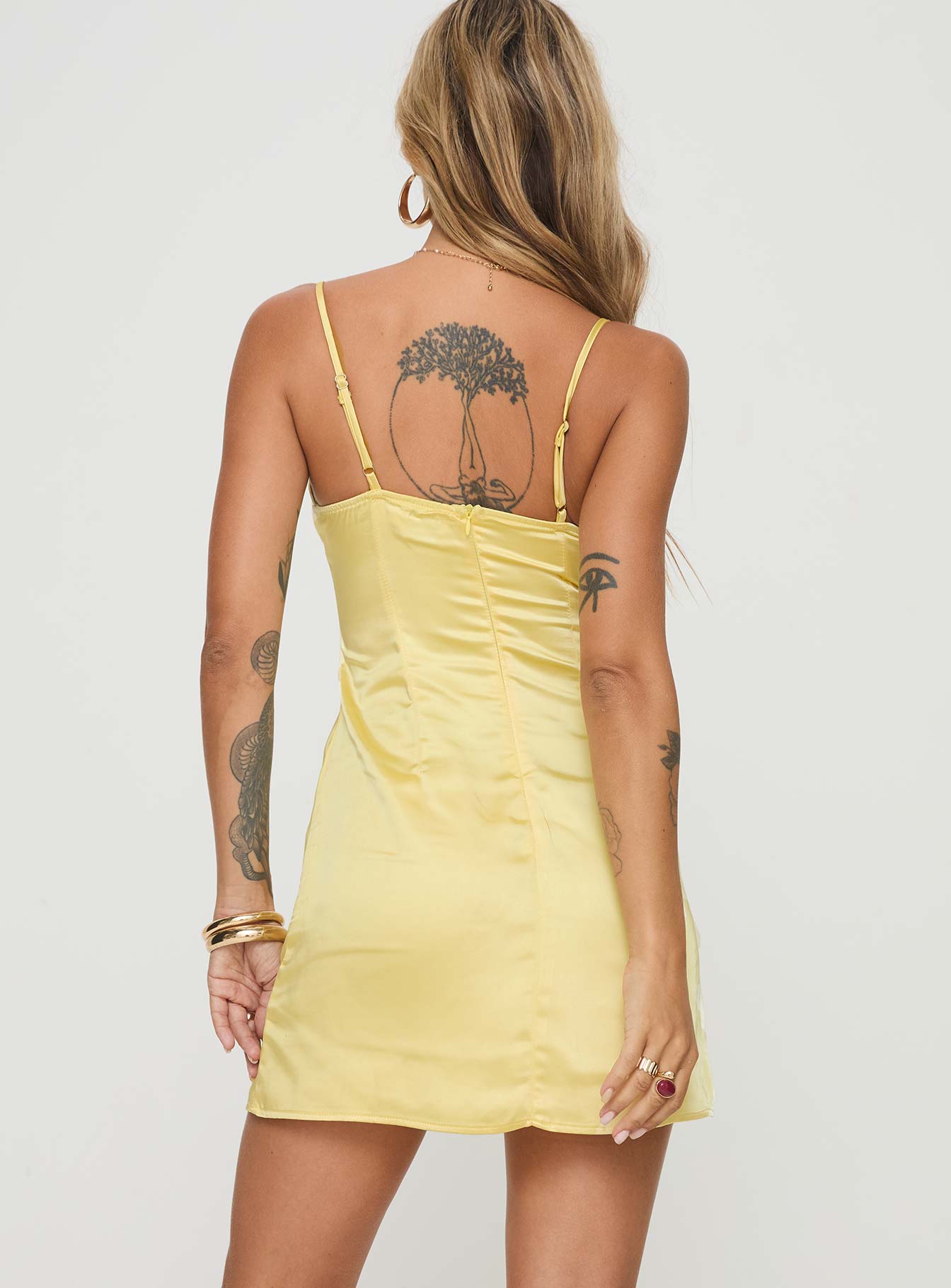 back view of model wearing Princess Polly Dale Mini Dress Lemon Plunger 