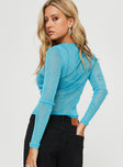 back view of model wearing Princess Polly Trivette Long Sleeve Top Blue Full Sleeves Crew Neck 