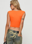 back view of model wearing Princess Polly Bolden Top Orange Short Sleeves Plunger 