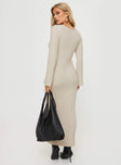 back view of model wearing Princess Polly Malletti Long Sleeve Maxi Dress Beige Scoop Neck 