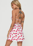 back view of model wearing Princess Polly Arslan Mini Dress White Floral Straight Neck 