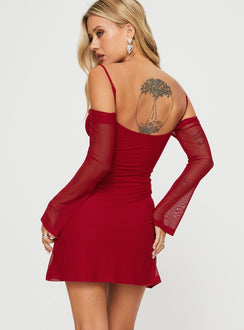 back view of model wearing Princess Polly Edmone Long Sleeve Mini Dress Red Scoop Neck 