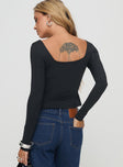 back view of model wearing Princess Polly Rehna Long Sleeve Top Black Full Sleeves Sweetheart 