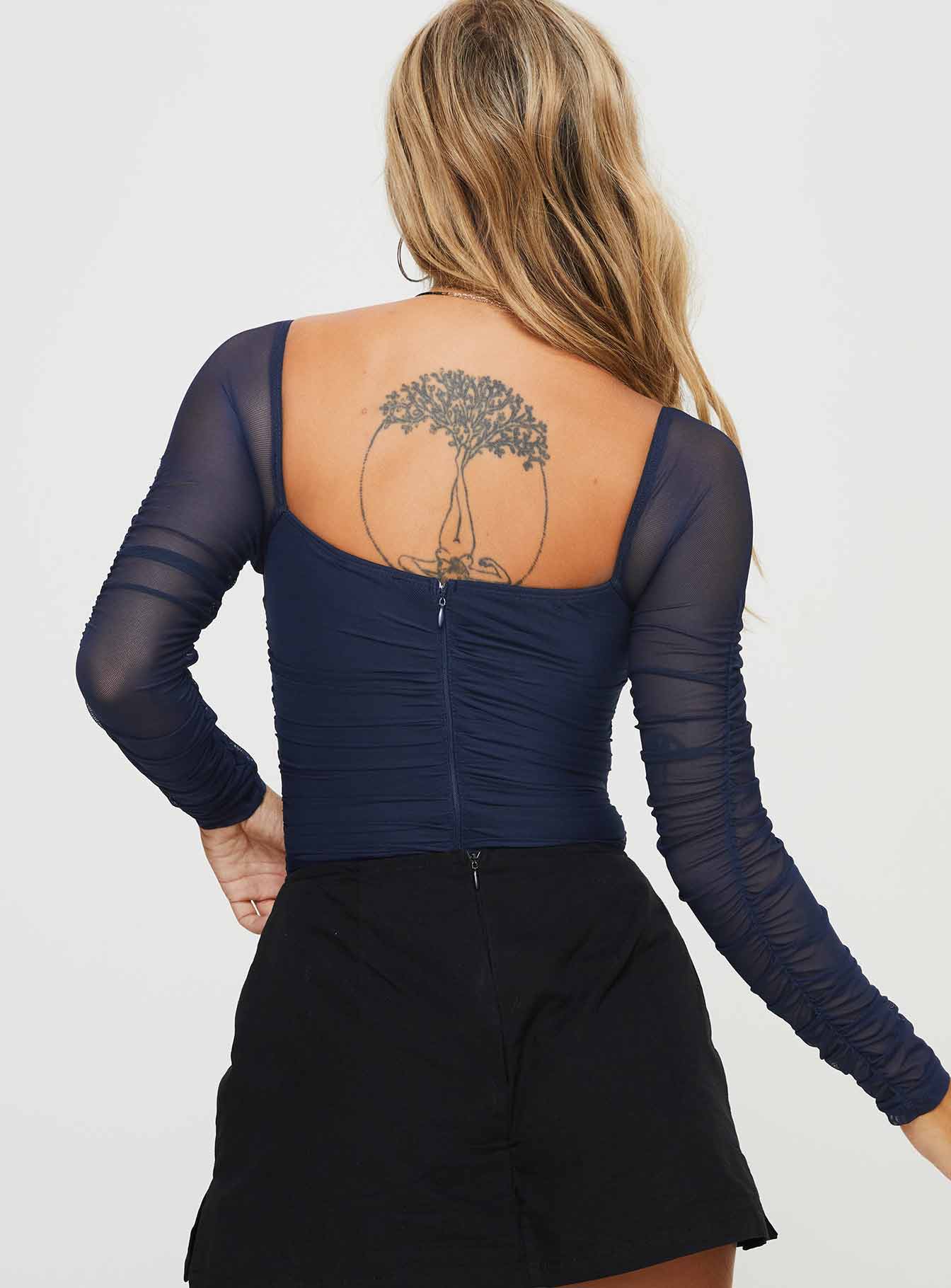 back view of model wearing Princess Polly Delany Bodysuit Navy Full Sleeves Square Neck 