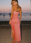 pink maxi dress Strapless style, inner silicone strip at bust, pinched bust, high split at side