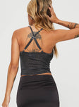 back view of model wearing Princess Polly Wandella Tank Black Glitter Sleeveless Plunger 