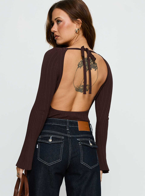 back view of model wearing Princess Polly Mayok Long Sleeve Bodysuit Brown Long Sleeve Tops 