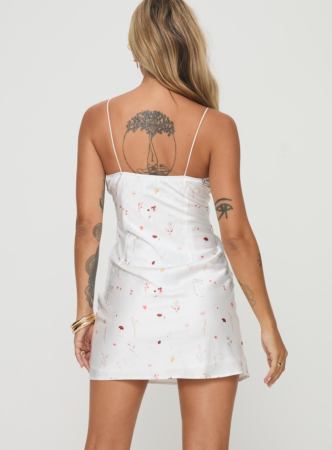 back view of model wearing Princess Polly Snowbird Mini Dress White / Floral Sweetheart Neckline 