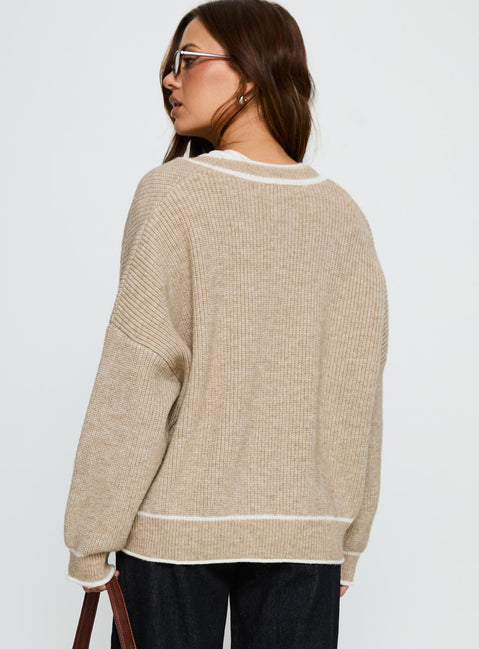 back view of model wearing Princess Polly Cressara Contrast Knit Cardigan Beige / White Cropped Jumpers 