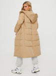 Puffer jacket Longline design, fixed hood, button fastening down front, twin hip pockets