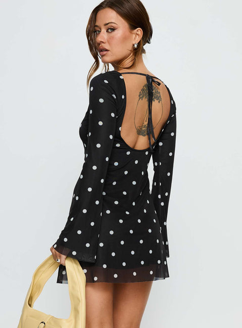Lukea Long Sleeve Mini Dress | Black Polka Dot | Womens | Princess Polly Lower Impact Lukea Long Sleeve Mini Dress | Black Polka Dot | Womens | Princess Polly Lower Impact