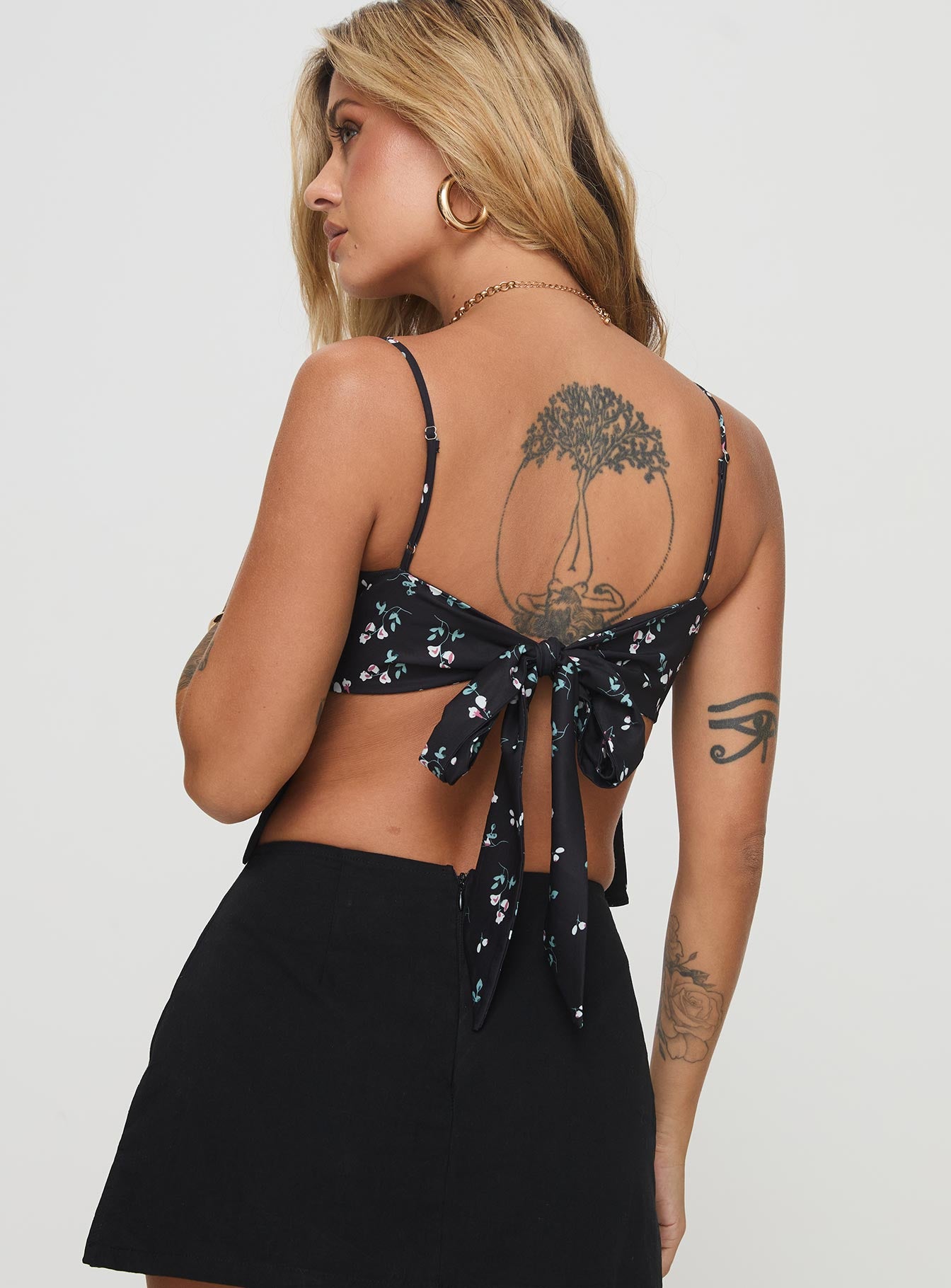 back view of model wearing Princess Polly Orionis Top Black Sleeveless Square Neck 