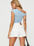 back view of model wearing Princess Polly Heuston Denim Skort White Denim High Waisted Shorts 