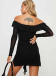 side view of model wearing Princess Polly Navaro Off The Shoulder Mini Dress Black Straight Neck 