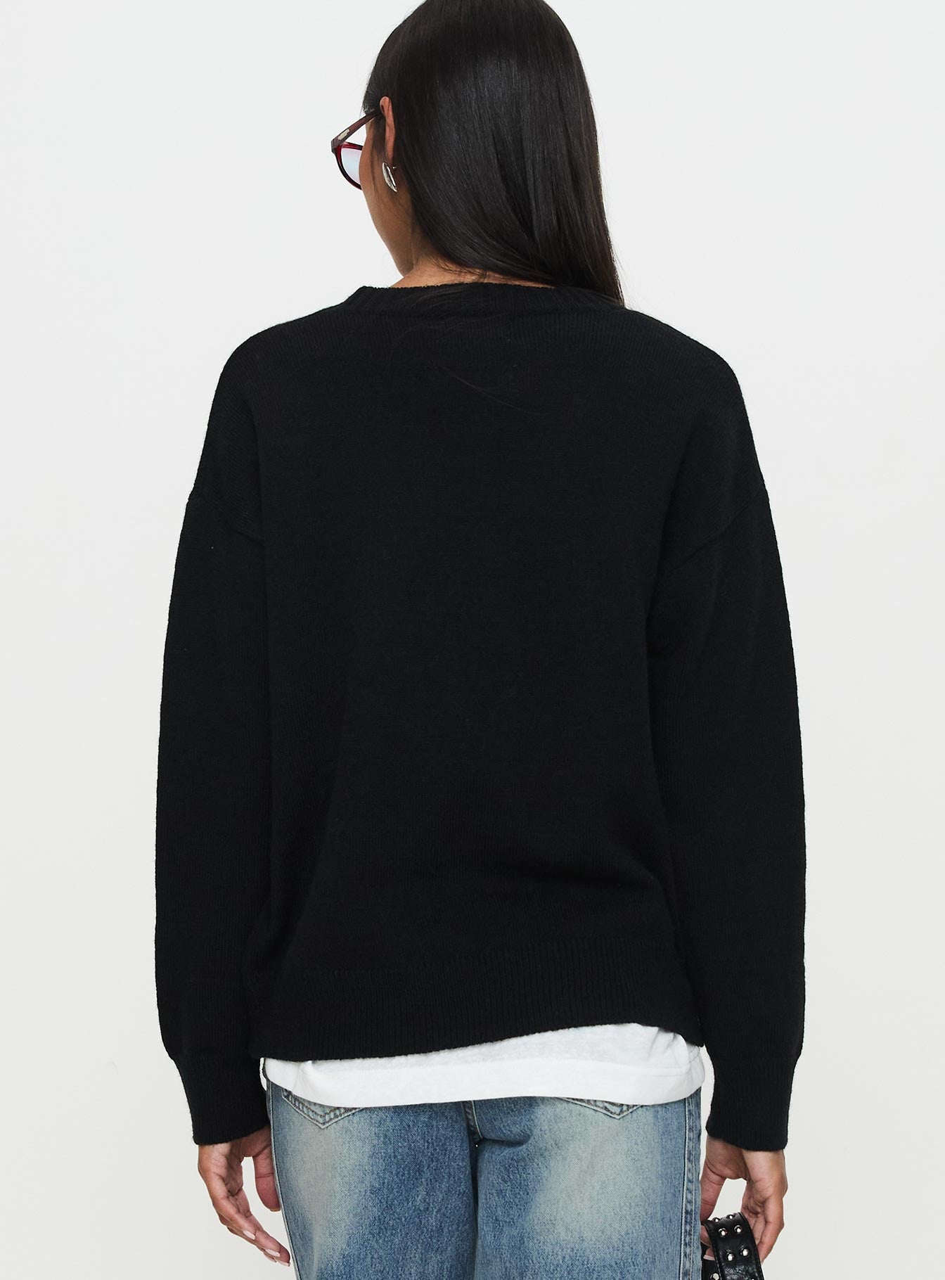 back view of model wearing Princess Polly My Dear Knit Sweater Black Long 