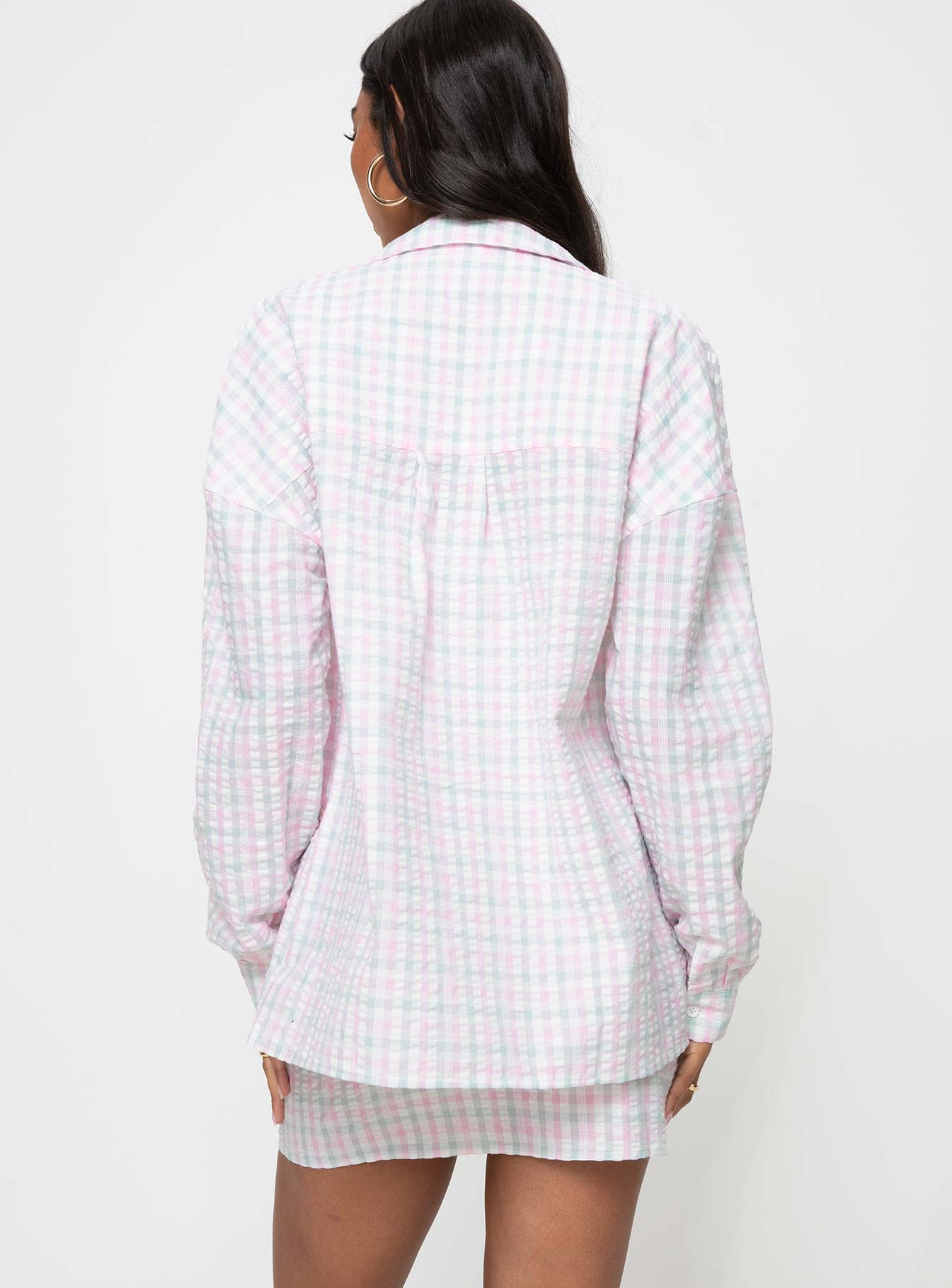 Matching check print set Long sleeve shirt, button up fastening at front, single button cuff Mini skirt, mid-rise, invisible zip fastening