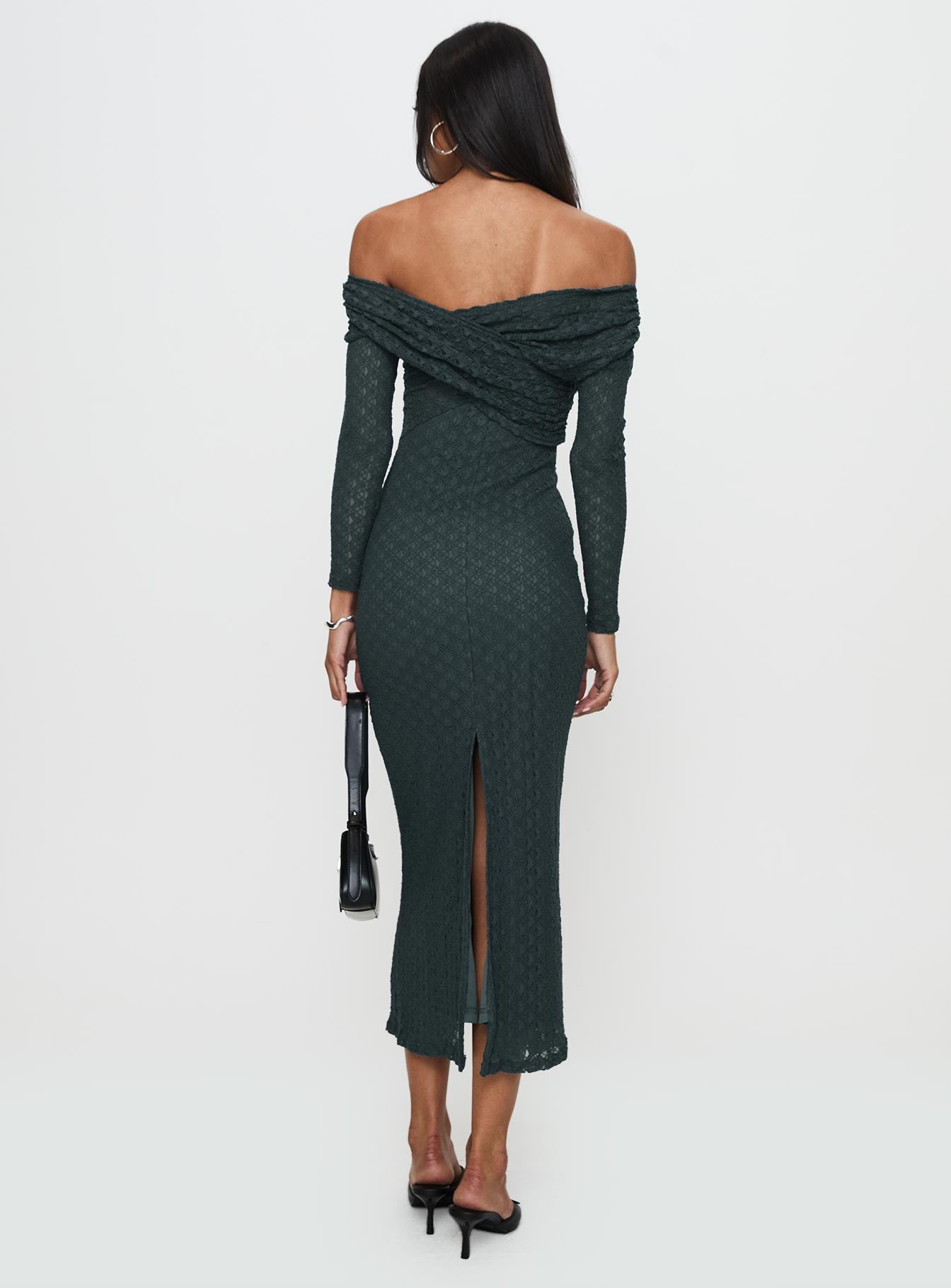 back view of model wearing Princess Polly Elexis Off The Shoulder Maxi Dress Blue V-Neck 