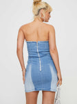 Front view of model wearing  front Princess Polly Square Neck  Battick Denim Strapless Mini Dress Blue