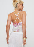 Front view of model wearing  front Princess Polly Sleeveless Square Neck  Palladino Halter Top Floral / Multi