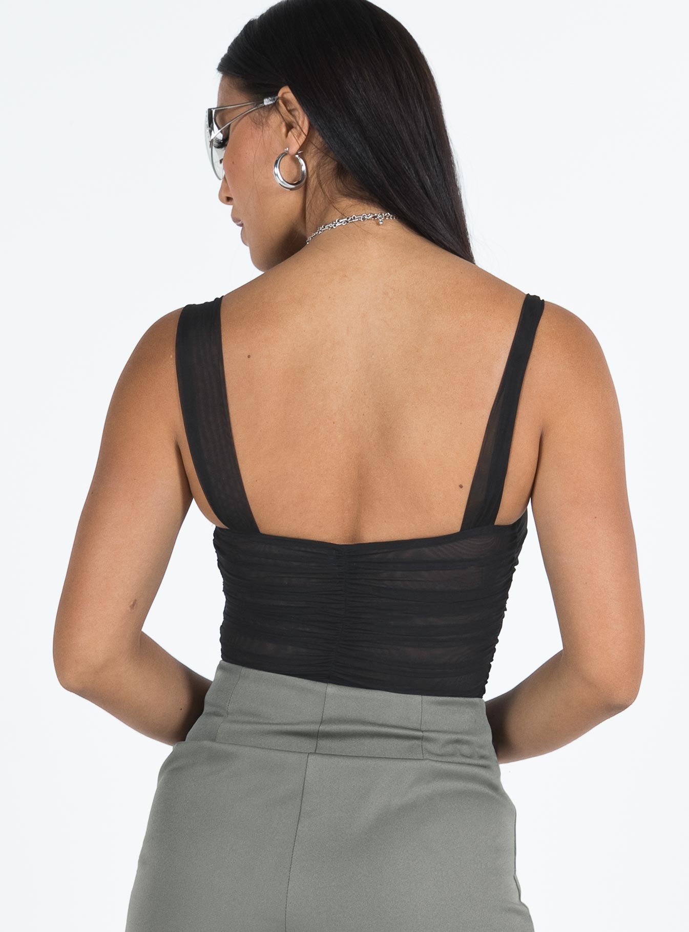 back view of model wearing Princess Polly Kalmia Bodysuit Black Sleeveless 