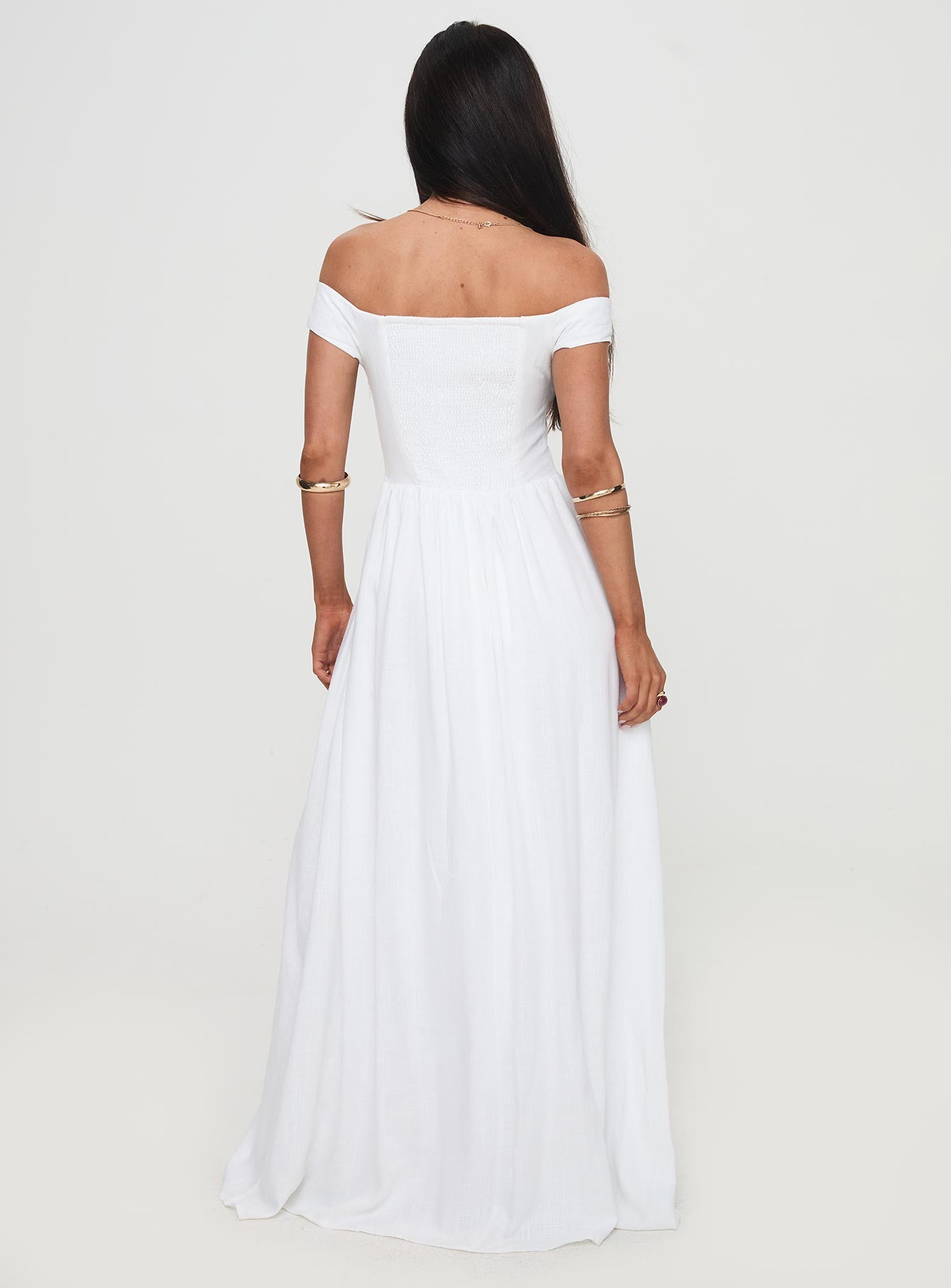 back view of model wearing Princess Polly Romantic Maxi Dress White Straight Neck 