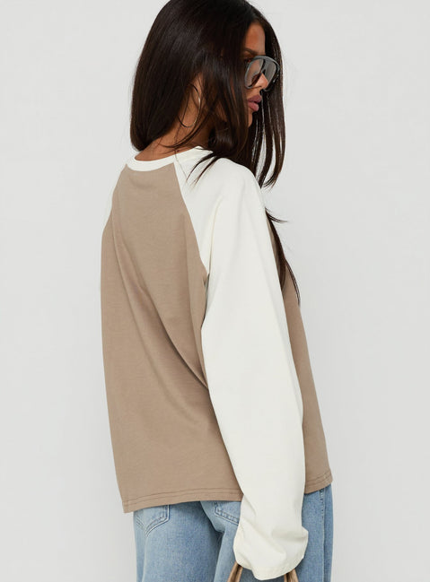 Settle Down Long Sleeve Raglan Top Beige Multi
