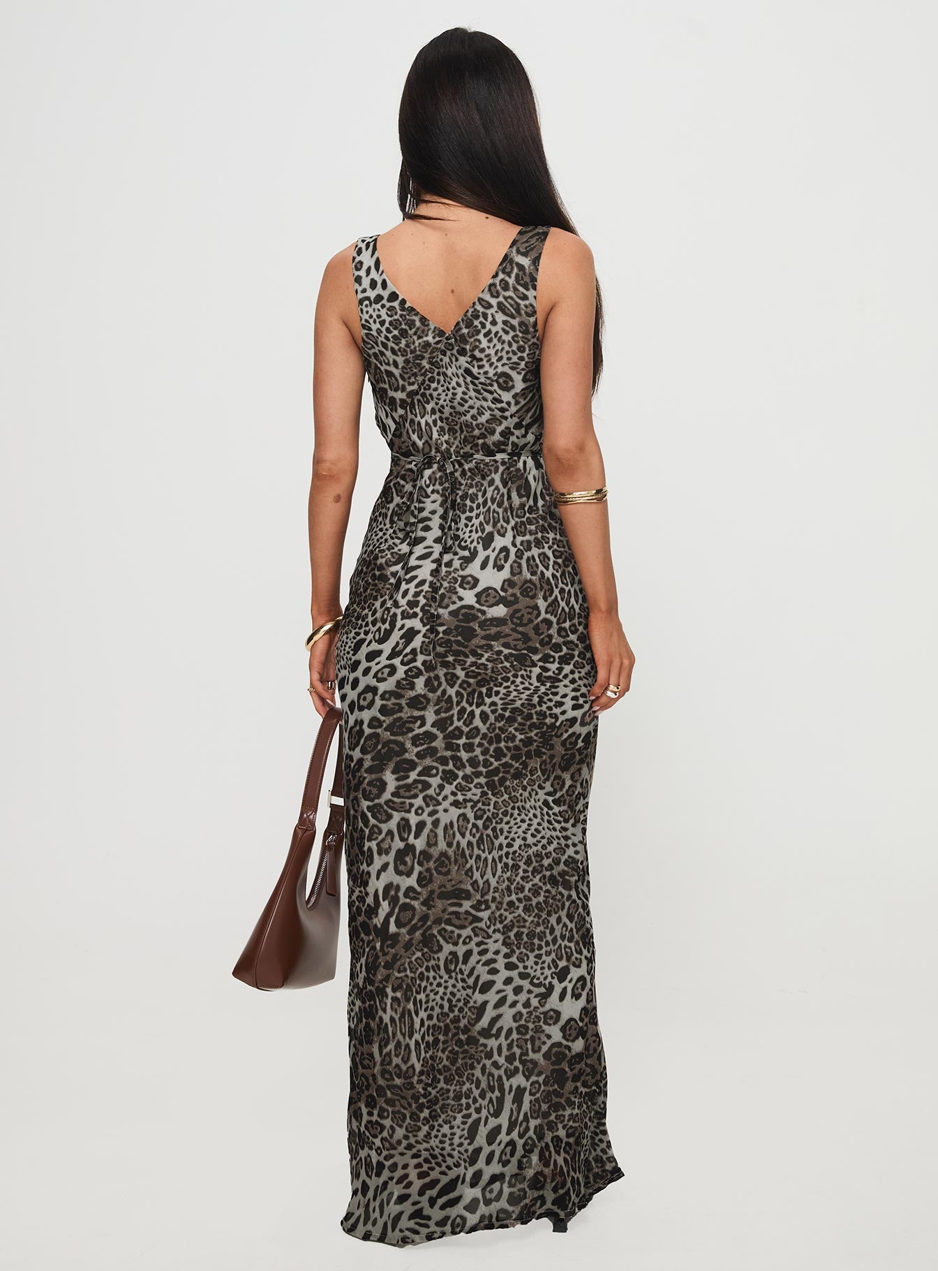back view of model wearing Princess Polly Nellie Maxi Dress Leopard High Neck 