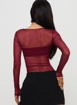 back view of model wearing Princess Polly Duet Bodysuit Burgundy Full Sleeves 