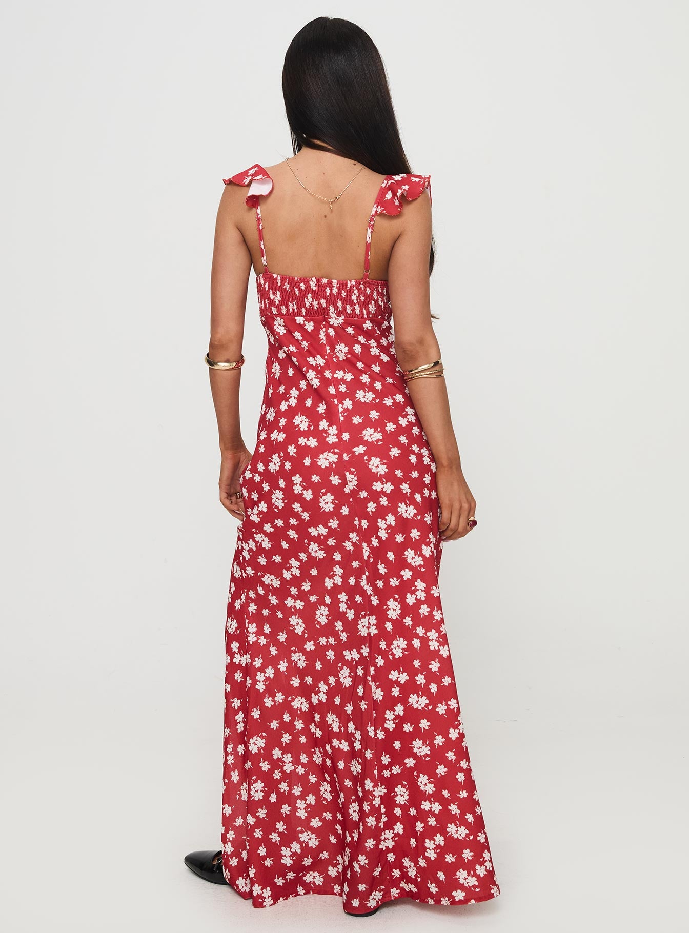 back view of model wearing Princess Polly Barnadete Maxi Dress Red Sweetheart Neckline 