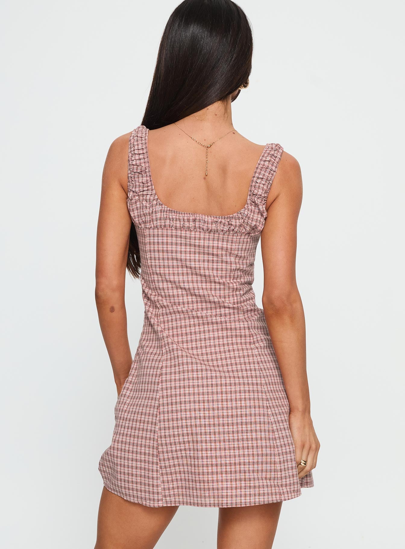Denley Cinched Mini Dress Pink Check | Princess Polly