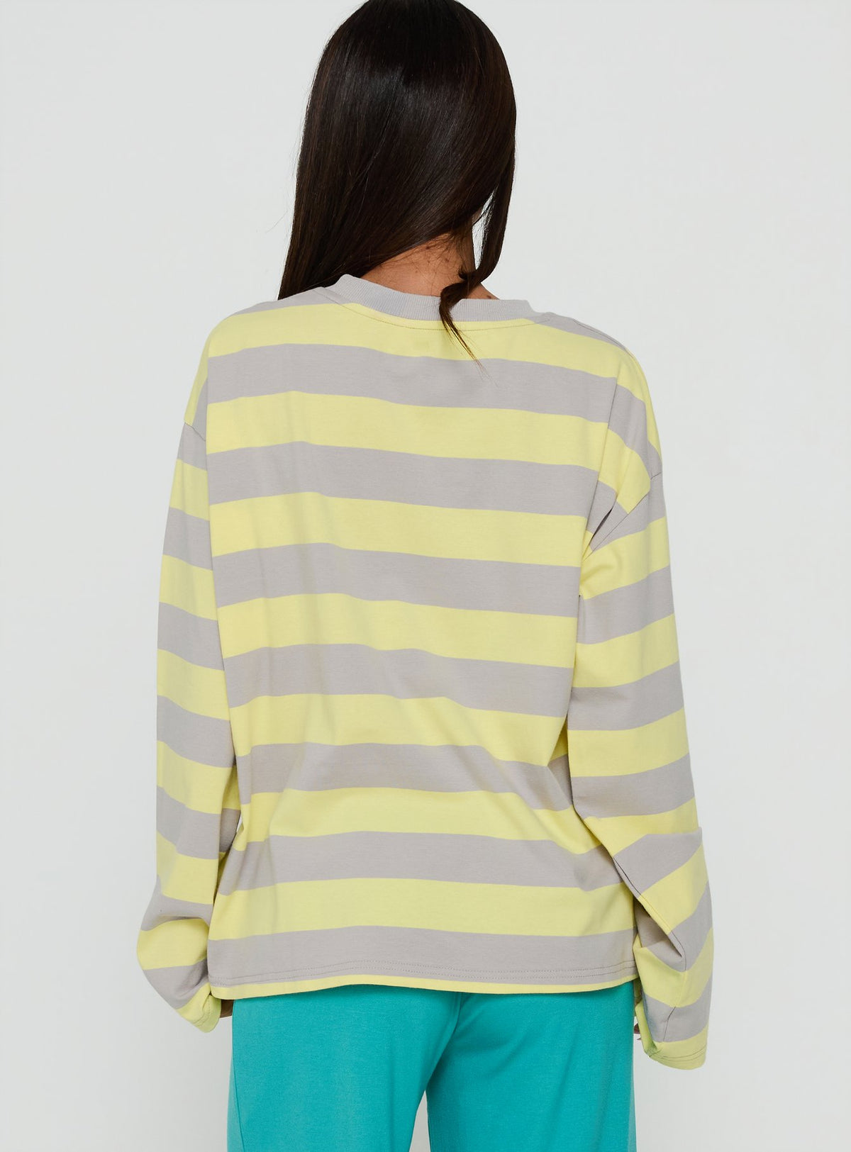 Centre Of Attention Oversized Graphic Long Sleeve Top Yellow / Grey Stripe