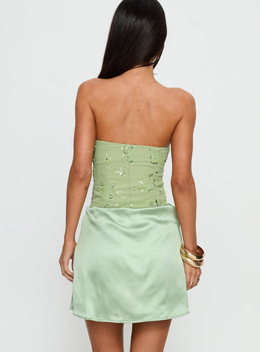 Lyrena Strapless Beaded Mini Dress Green