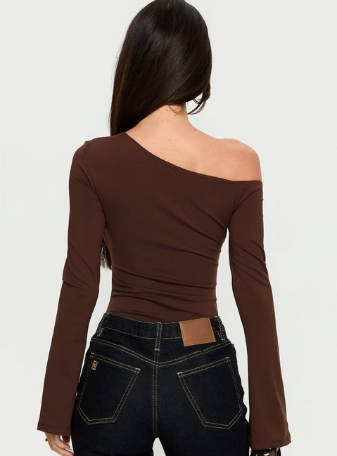 back view of model wearing Princess Polly Raissa Cut Out One Shoulder Bodysuit Brown Long Sleeve Tops 