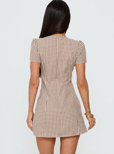 brown dress midi length Pinkblush Olive Gingham Long Sleeve Maternity Midi Dress Small
