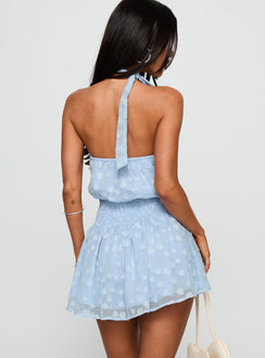 back view of model wearing Princess Polly Eurythmic Scarf Halter Mini Dress Blue Jacquard Asymmetric Neckline 