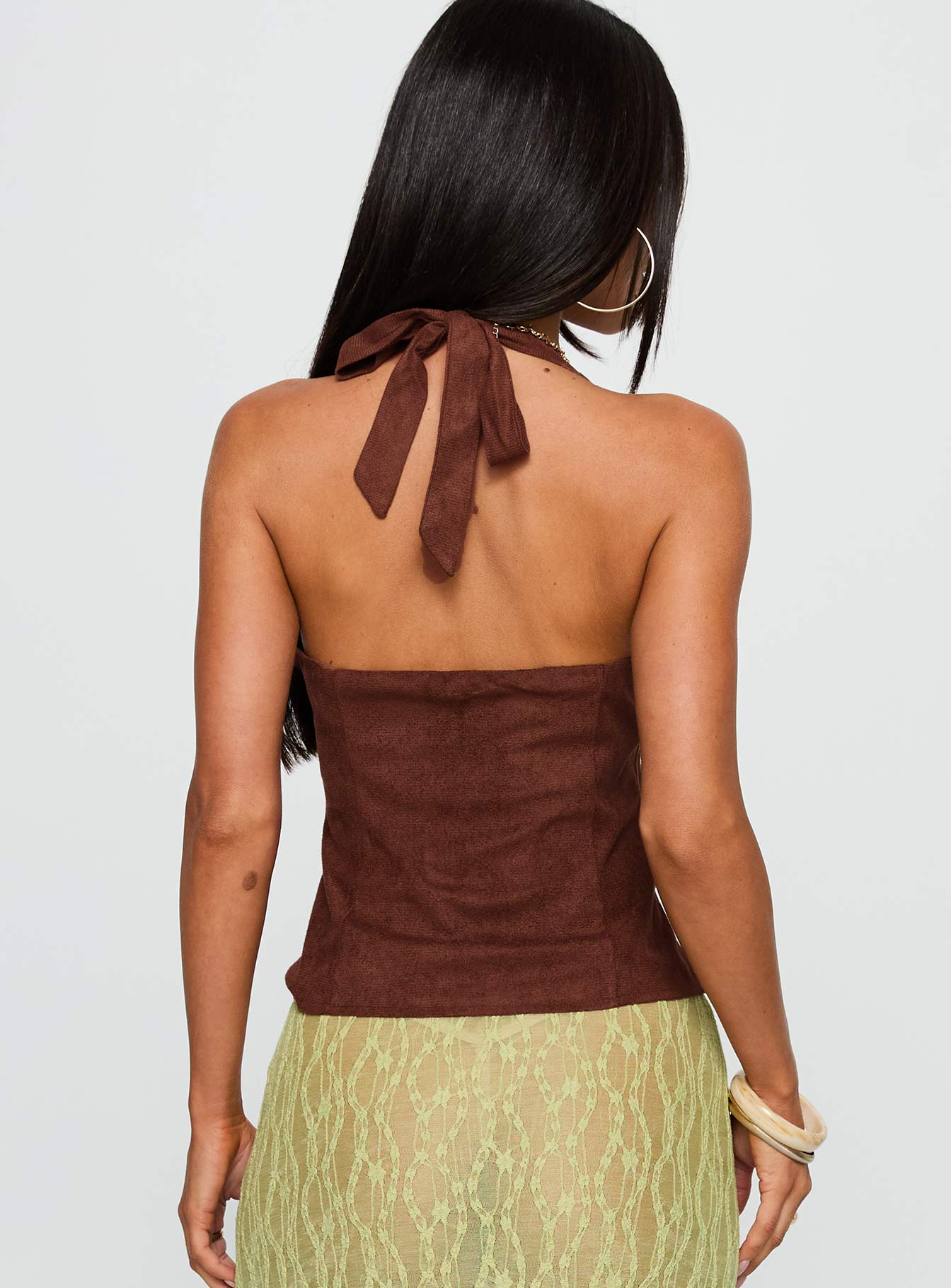 back view of model wearing Princess Polly Movie Stars Faux Suede Halter Top Brown Sleeveless Plunger 